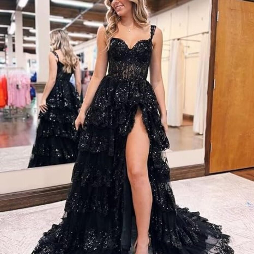 Wchecalino Sparkly Tiered Lace Tulle Dress Long 2024 Spaghetti Strap